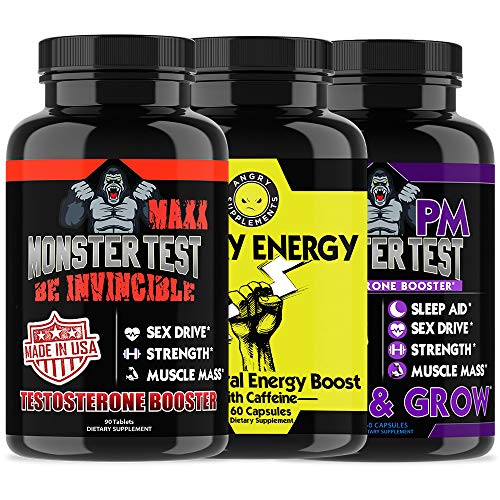 Angry Supplements Monster Test MAXX Testosterone Booster + Angry Energy + Monster PM 3-Bottle Bundle - Maximum Strength Power Pack for Men, Non-GMO Pills for Day & Sleep Aid for Night (3-Pack,210ct)