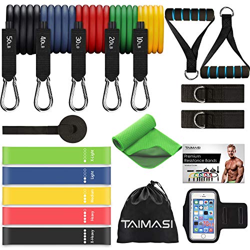 TAIMASI 19PCS Resistance Bands Set Workout Bands, 5 Stackable Exercise Bands with Handles, 5 Resistance Loop Bands, Cooling Towel, Sports Armband, Carry Bag, Guide Book, Ankle Straps, Door Anchor