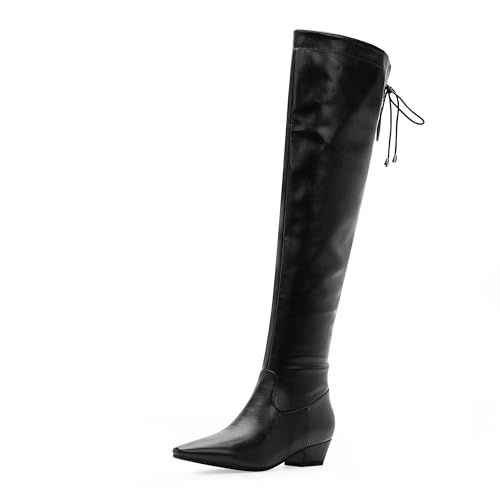 Womens Chunky Heel Thigh High Boots Closed Toe Side Zipper Lace Up Over The Knee Boots