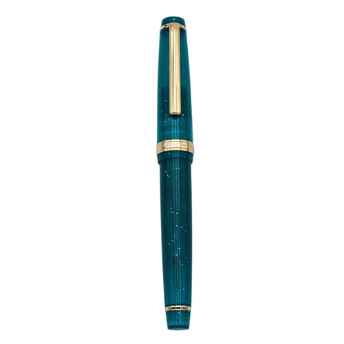 82 Fountain Pen - Acrylic Material Pen Barrel, Iridium Medium Nib with Ink Converter Smooth Writing Pen Classic Design Transparent Peacock Blue Gold Trim, M
