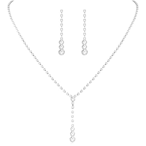 Silver Prom Jewelry Sets for Women Bridal Wedding Jewelry Sets for Brides Rhinestone Necklace and Earring Sets for Women Elegant Formal Bling Jewelry Sets for Women Evening Wear