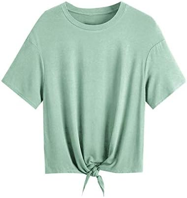Romwe Womens Short Sleeve Tie Front Knot Casual Loose Fit Tee T-Shirt Mint Green L