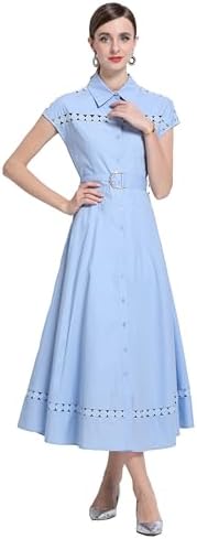 LAI MENG FIVE CATS Womens Vintage Summer Collar Hollow Cap Sleeve Button Midi Dress with Belt