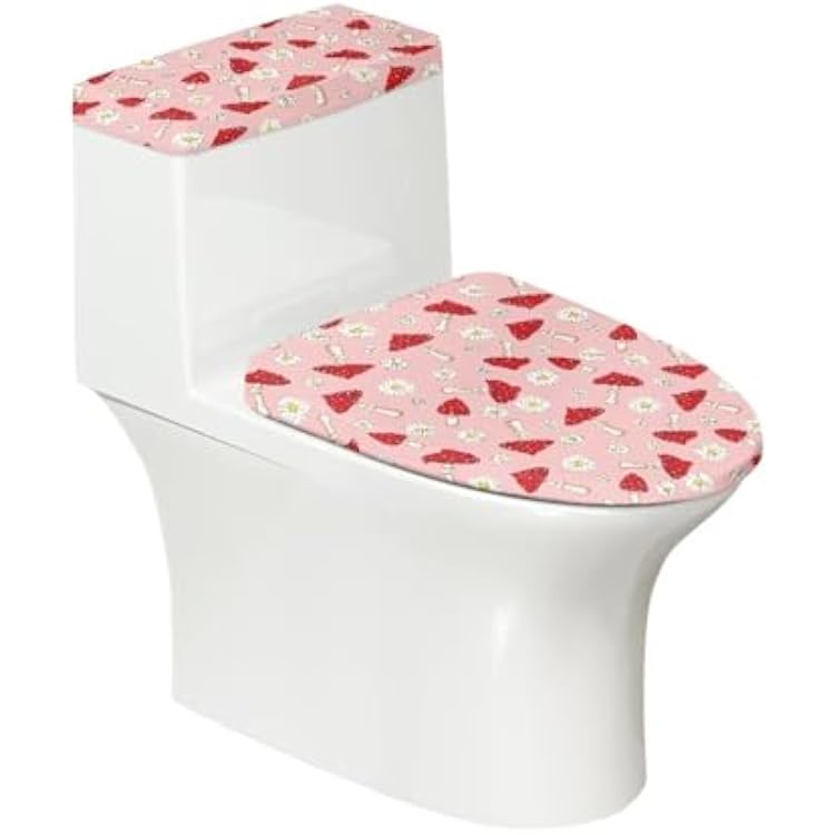 Mushroom 2-Piece Set Bathroom Soft Toilet Lid Cover Set with Elastic Bottom, Scratches-Proof Fabric Dust Cover Fits Most Size Toilet Lid and Toilet Tank, Christmas Decor