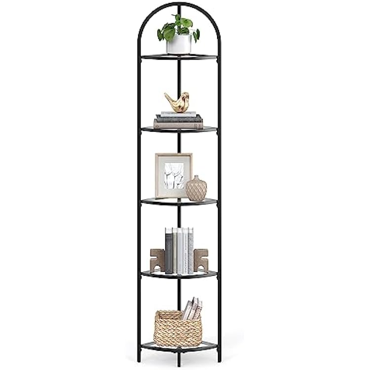 VASAGLE 5-Tier Corner Shelf Stand, Corner Bookshelf, Bathroom Organizer, Plant Stand, Tempered Glass, Steel Frame, Modern Style, for Living Room, Bathroom, Kitchen, Classic Black ULGT810B61