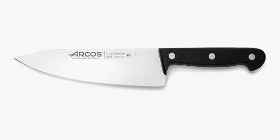 Arcos Chef Knife 7.5 Inch Stainless Steel. Professional Cooking Knife for Cleaning and Cutting Vegetables. Ergonomic Polyoxymethylene Handle and 175 mm Blade. Series Universal. Color Black