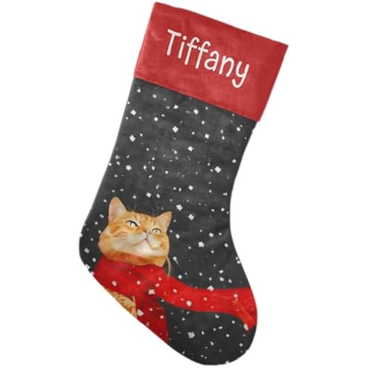 Snow Cute Cat Personalized Christmas Stockings with Name for Boys Girls Pet Xmas Gift 17.52 x 7.87 Inch