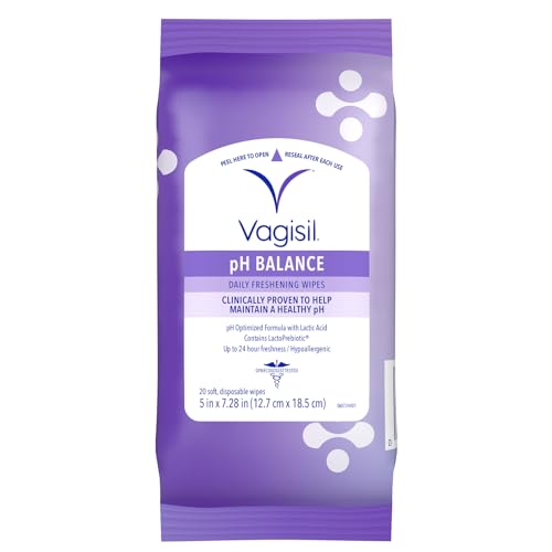 Vagisil pH Balance Daily Freshening Wipes for Feminine Hygiene in Resealable Pouch, Gynecologist Tested & Hypoallergenic, 20 Wipes Pack of 1