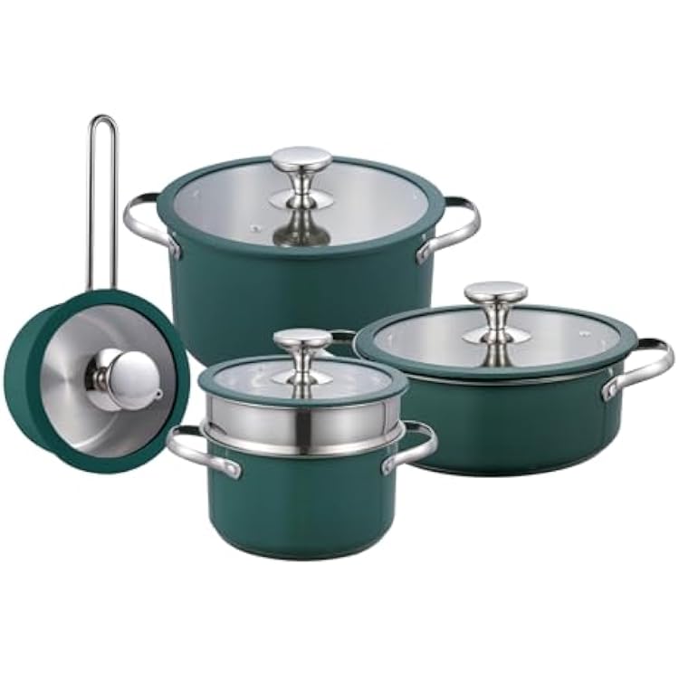 9pcs 304 Stainless Steel Cookware Set with Ceramic Coating Nonstick, Durable, and Elegant Kitchen Pots with Glass Lids Compatible with All Stovetops, Easy to Clean,Green