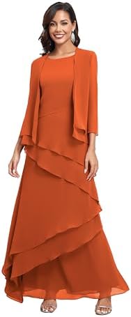 VK Selec Womens 2 Pieces Floor Length Mother of Bride Dress with Jacket Chiffon Long Sleeve Formal Evening Dresses
