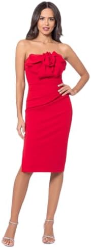 Betsy & Adam Womens Strapless Midi Dress with Front Bow Detail and Hidden Back Zipper, Red