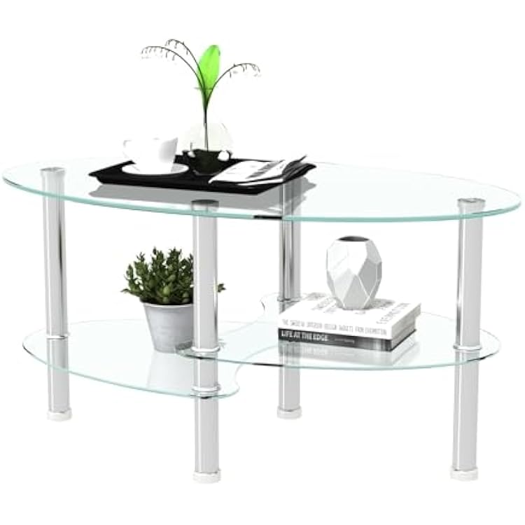 Henf Oval Glass Coffee Table Glass Tabletop Cocktail Table with Silver Wood Legs, 3 Tier Storage Shelf Modern Tea Coffee Table Side Center Tables for Living Room Furniture, Transparent Top