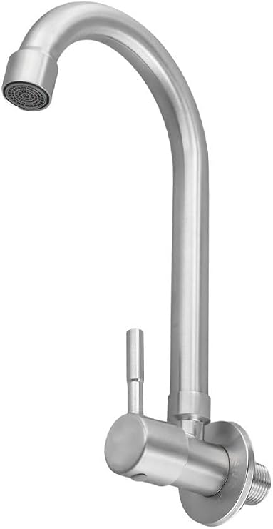 304 Stainless Steel Wall-Mounted Kitchen Sink Faucet with 360° Rotating Spout, Single Cold Water Tap for Modern Bathroom & Utility Room – Silver(S)