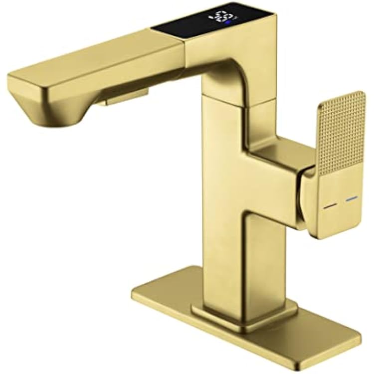 Gold LED Bathroom Sink Faucet,Gold Bathroom Faucet with Pull Out Sprayer,Temperature Digital Display Single Handle RV Bath Vanity Faucets for 1 or 3 Hole