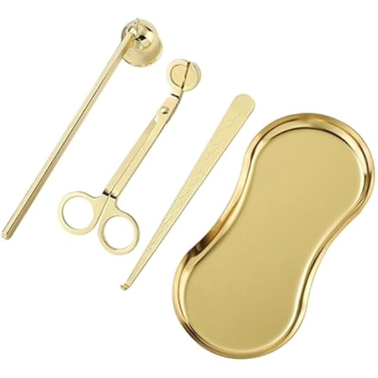 4 Pieces Candle Wick Cutter Extinguisher Kit with Storage Tray Stainless Steel Candle Care Tool Set Wick Trimmer Dipper- Golden