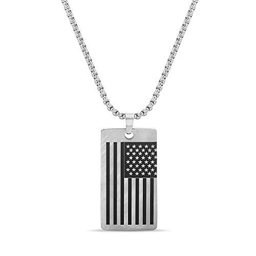 Nautica Oxidized Stainless Steel American Flag Dog Tag Necklace for Men 24 Inch Rolo Chain