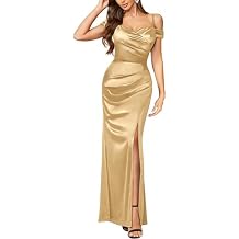 Miusol Women's Sexy Off Shoulder Satin High Split Ruched Style Evening Party Maxi Dress