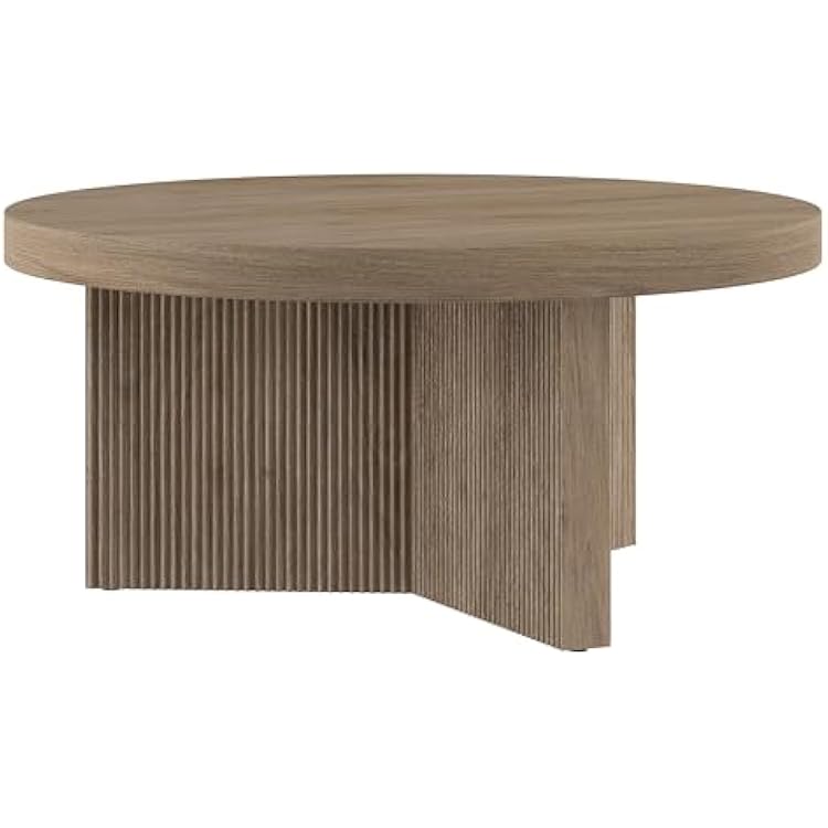 Henn&Hart 32 Fluted Round Low-Profile Coffee Table with Ribbed Pedestal Base for Living Room, Family Room, Office, or Apartment, Weathered Gray