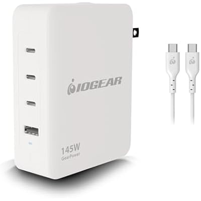 IOGEAR GearPower 145W Multiport Charger, GaN, 4 Port, USB-C Cable, iPhone 16, MacBook ProAir, iPad Pro, Google Pixel, Travel Wall Charger, Cable Included, GPAWC145W
