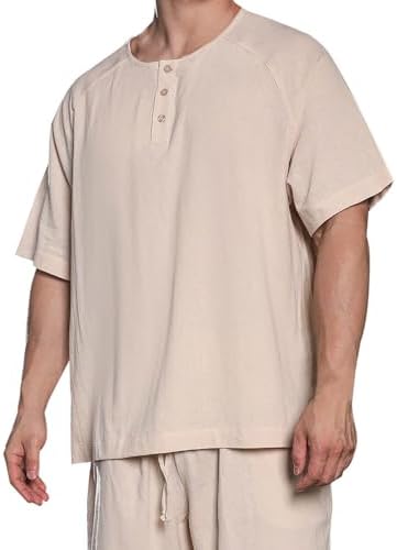 Linen Shirts for Men Slim Fit Button Round Neck Solid Color Short Sleeve Blouses Casual Fashion Lightweight Tees Top