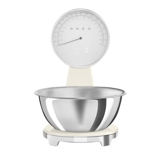 SMEG Retro-Style Analog & Digital Kitchen Scale, 11 lb Capacity, Rechargeable Battery, Backlit LCD Display, Stainless Steel Bowl Cream