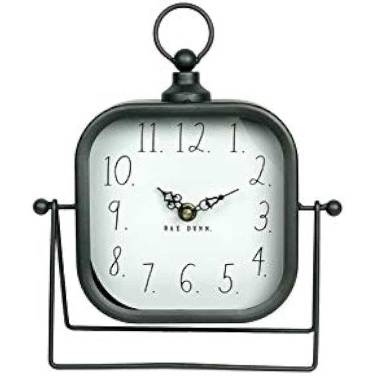 Rae Dunn Desk Clock - Battery Operated Modern Metal Rustic Design with Top Loop for Bedroom, Office, Kitchen - Small Classic Analog Display - Chic Home Decor for Desktop Table, Countertop