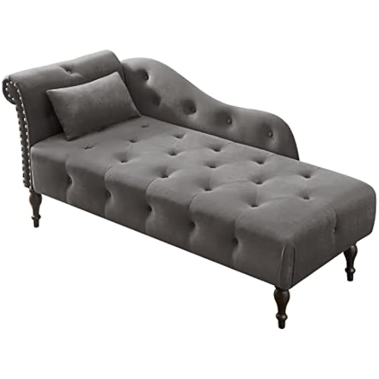 Tufted Velvet Chaise Lounge Indoor, Modern Upholstered Lounge Chair wCopper Nails, Solid Wood Legs and Pillow Grey
