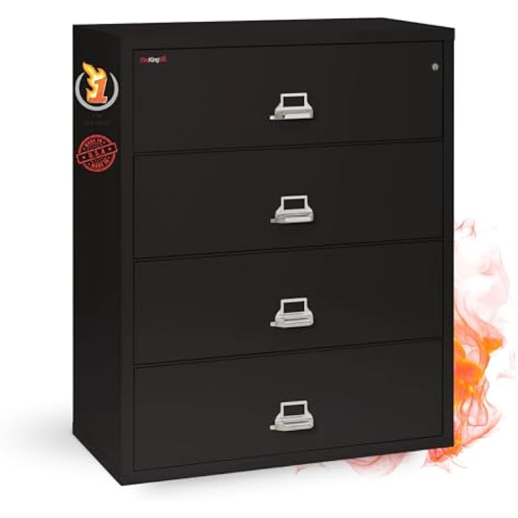 FireKing Fireproof Lateral File Cabinet 4 Drawers, Impact Resistant, Water Resistant, 44 W x 22 D, Black, Made in USA