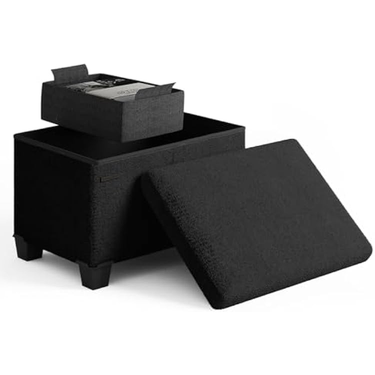STORAGEBUD Ottoman with Storage for Living Room, 16 Inch Storage Ottoman Cube, Small Ottoman Foot Rest, Boucle Foot Stool Ottoman Max 330lbs, Black Ottoman