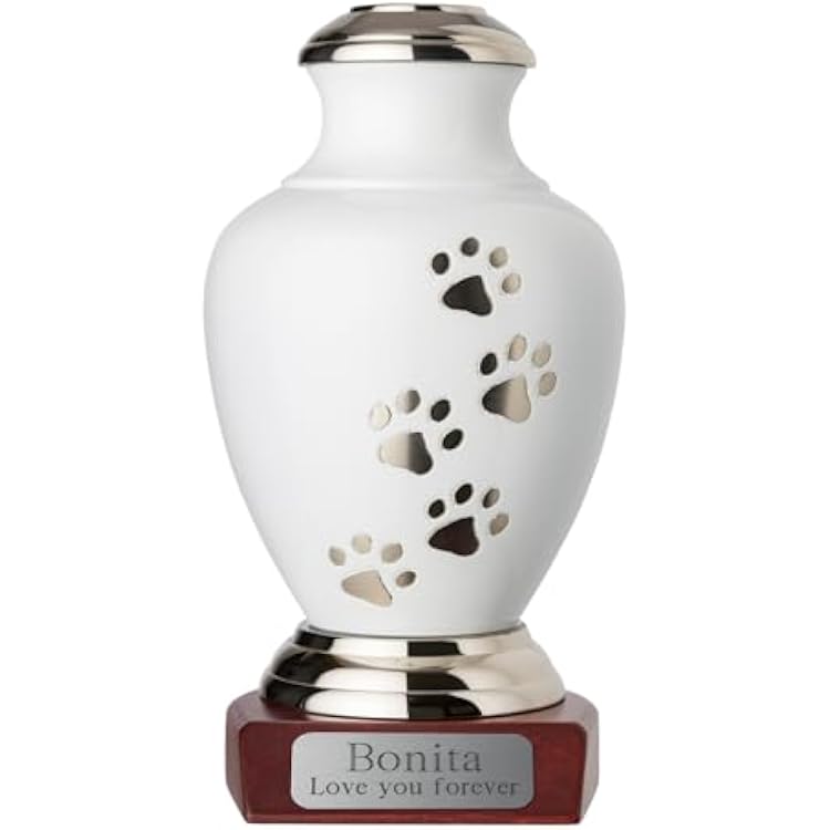 Kennedy Tribute Series Pet Urn for Dogs with Personalized Wooden Base Large - Pets up to 115 lbs, Cloud WhitePewter, Chrome Trim, Silver Plate, Dark Base