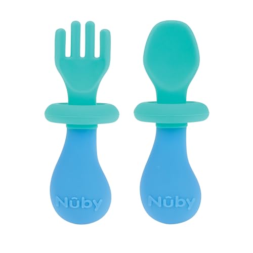 Nuby First Fork and Spoon Set - Utensils with Safety Guards for Babies 6 Months - Green and Blue