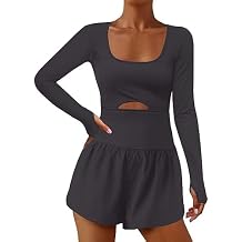 Women's Long Sleeve Workout Jumpsuits Athletic Romper Suit One Piece Open Back Exercise Yoga Clothes Running Shorts