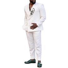Men's Rhinestone Linen Blazer&Pants Lightweight 2 Pieces Beaded FormalDouble Breasted Peaked Lapel Wedding Suit