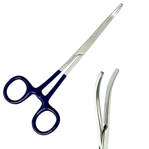 German Vinyl Grip Locking Straight & Curved Hemostat -Hemostat Forceps- Stainless Steel Locking Tweezer Clamps - Ideal Hemostats for Nurses, Fishing Forceps, Crafts and Hobby Blue CVD 6.25