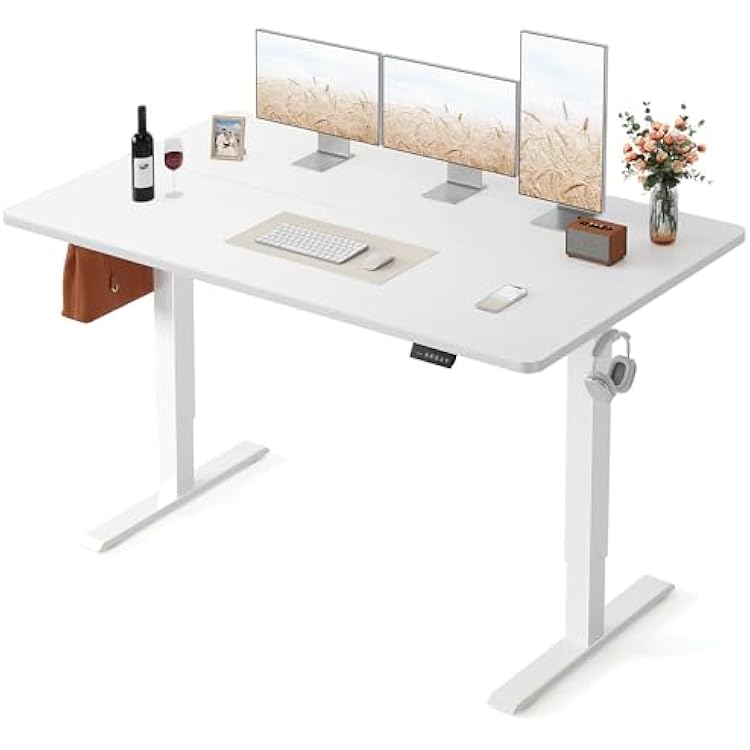 FEZIBO Standing Desk, 5528 Inches Electric Height Adjustable, Sit Stand Up, Computer Office Desk with Splice Board, While FrameWhile TOP