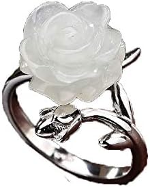 N/O 925 Silver Inlaid Hetian Jade White Jade Rose Flower Open Ring
