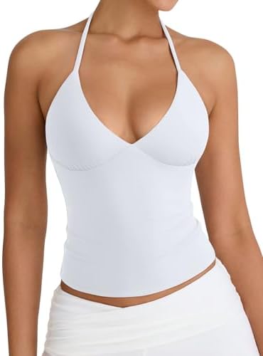 PINKMSTYLE Women Sexy Halter V Neck Backless Double Lined Tank Top Summer Sleeveless Going Out Y2K Trendy Cami Tops