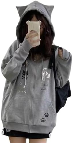 Cute Y2K Cat Ears Zip Up Hoodie for Women Girls Teen Long Sleeve Kawaii Coat Jacket Clothes Tops