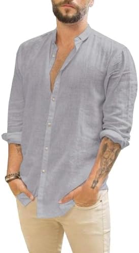 Makkrom Men Linen Shirt Button Down Long Sleeve Cotton Beach Band Collar Casual Summer Shirts