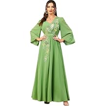 Fulbant Women Eid Saudi Embroidery Belted Abayas V-Neck Full Sleeve Casual Long Dresses African Islamic Kaftan