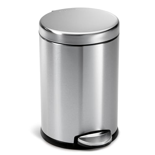 simplehuman Round Step Can, 4.5L  1.2 Gallon Compact Bathroom Trash Can, 150,000-Step Pedal, Lid Shox Silent Close, Removable Inner Bucket, Brushed Stainless Steel