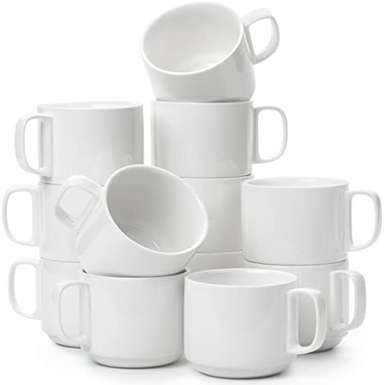 BTaT- Porcelain Stackable Coffee Mugs, 12 Pack, 12 oz, White, Ceramic Coffee Cups, Dishwasher and Microwave Safe