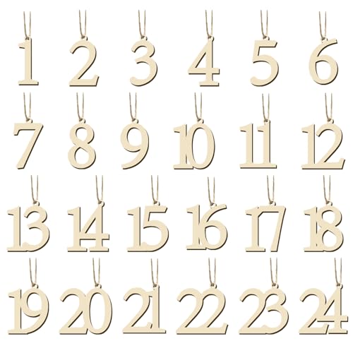 24 Pieces Advent Countdown Calendar Numbers Wooden Christmas Advent Calendar Numbers Tags Wooden Calendar Tags with String for Christmas Calendar
