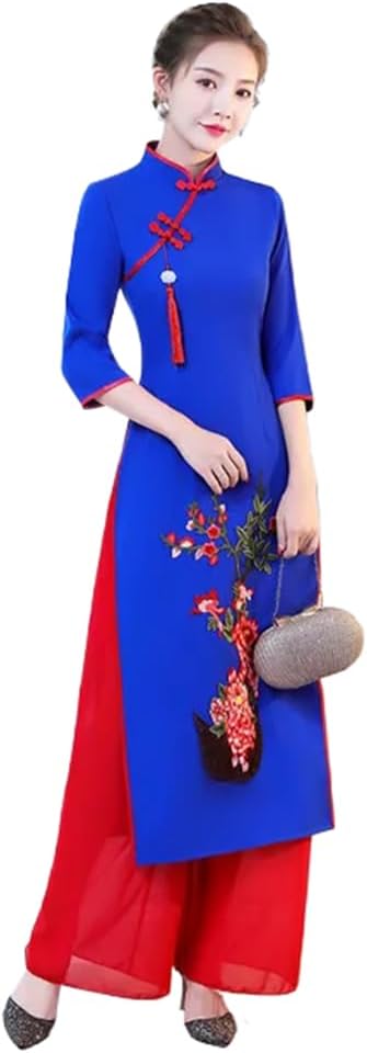 Cheongsam Traditional Oriental Dress Set Improved Qipao Wide Leg Pants Two Suit