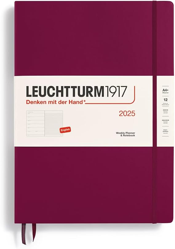 LEUCHTTURM1917 370731 Weekly Calendar &amp; Notebook 2025, Master A4+ Hardcover - 12-Month Planner, Lined - Port Red, English
