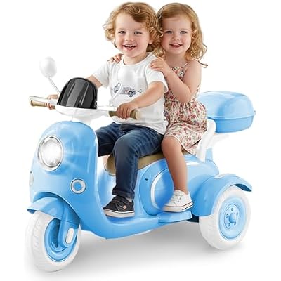 HEIMILI 12V 2-Seater Ride on Motorcycle for Kids, 3 Wheel Electric Motorbike with Dual 25W Motors, Toddler Moped Scooter with Bluetooth Music, Battery Powered Toy for Girls Boys 3-6 Years, Blue