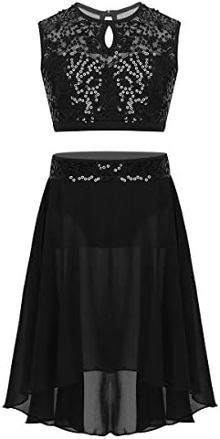 inhzoy Big Girls Lace Sequins Crop Top with Chiffon Skirt Lyrical Two Piece Dance Costume for Ballroom Ballet Dance