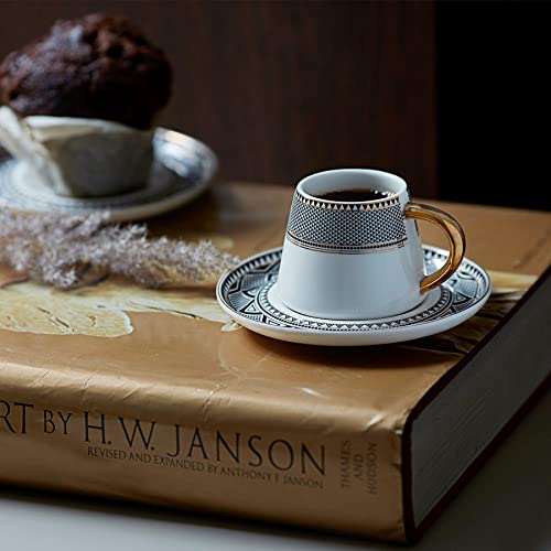 Karaca Globe Set with 2 Coffee Cups, Saucer, Sturdy Mocha Cup, Thick Edge, Espresso Cups, Mocha Cups, Porcelain Espresso Set, Traditional Coffee Mug