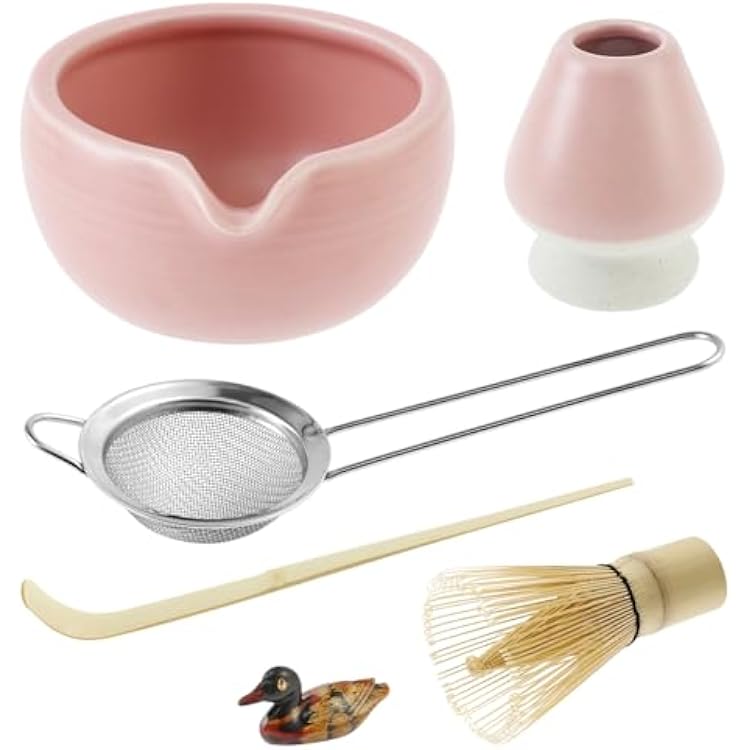 Matcha Set, 5pcs Bamboo & Ceramic Matcha Whisk & Bowl Kit with Sifter, Pink