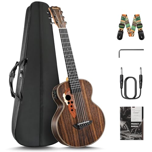30inch Caramel CB904G Ebony Wood Electric Guitalele Small Guitar Kit Beginner Guitarlele Starter Bundle Strings, Padded Gig Bag, Strap Set Ebony